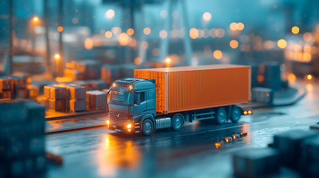 Truck with cargo on the background of the night city. 3d renderingの写真素材