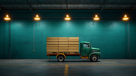 A green truck with a wooden box stands in a warehouse. 3D renderingの写真素材