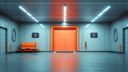 3d rendering of an orange door in an underground parking lot with a barrier