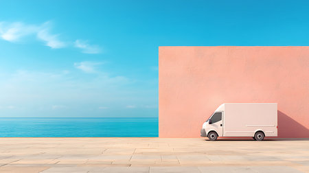 White delivery van in front of pink wall with sea view. 3D Renderingの写真素材