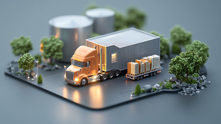 3d illustration of a truck on the background of the city.の写真素材