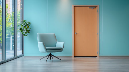 Modern office interior with blue walls, wooden floor and blue armchair. 3d renderの写真素材