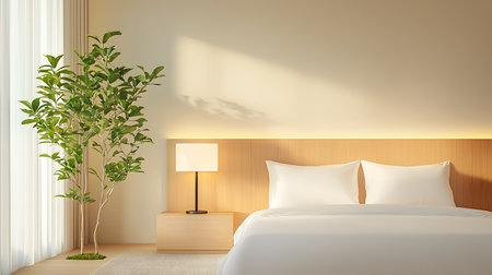 Interior of modern bedroom with white walls, wooden floor, comfortable white bed with two pillows and a lamp. 3d renderingの写真素材