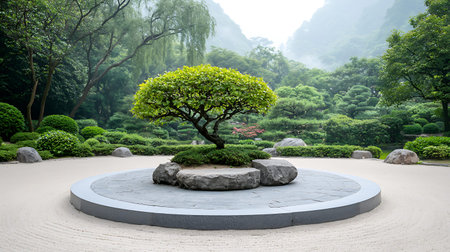 Beautiful garden with stone circle and tree in japanese styleの写真素材