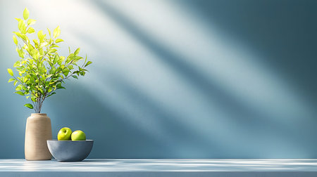 Green apple in vase on blue wall background. 3d renderingの写真素材