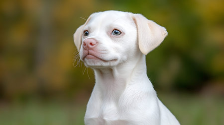 White puppy of labrador retriever with blue eyes on a green background