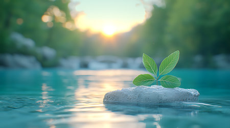 Green plant growing on the rock in the lake. 3d renderingの写真素材