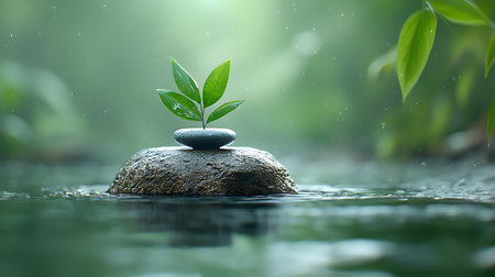 zen stones with green plant in water, zen and meditation conceptの写真素材