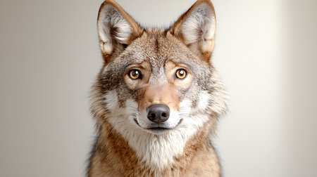 Close-up portrait of a wolf on a gray background in the studioの写真素材