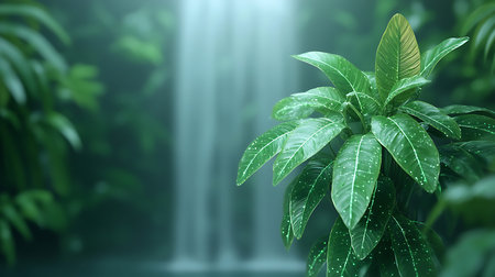 3d rendering of a green tropical plant with a waterfall in the backgroundの写真素材