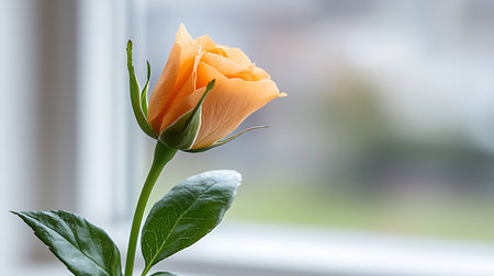 Beautiful orange rose on the windowsill. Selective focus.の写真素材