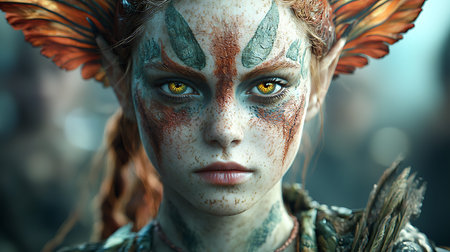 Close-up portrait of a beautiful young woman with fantasy make-upの写真素材