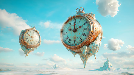 Vintage clock in the blue sky. 3d render. Time concept