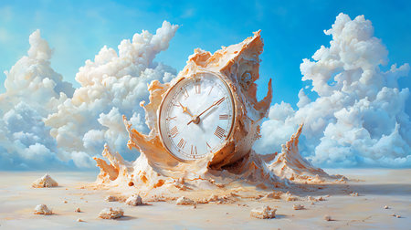 3d rendering of an old clock in the desert with clouds in the backgroundの写真素材