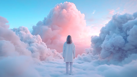 Woman standing in the middle of the clouds. 3D rendering.の写真素材