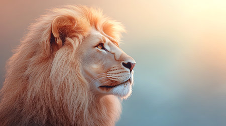 Portrait of a lion on a background of the setting sun.の写真素材