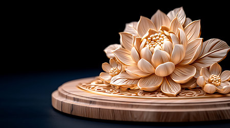 Wooden lotus flower on black background. Close up image.の写真素材