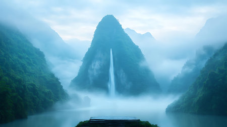 Mountain landscape with a waterfall in the misty morning, South Chinaの写真素材
