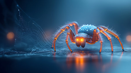 3d rendering of spider in the dark with spider web on backgroundの写真素材