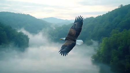 Bald Eagle flying over the misty mountains. 3d renderingの写真素材