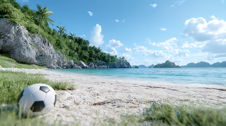 Soccer ball on the beach with green grass and blue sky backgroundの写真素材
