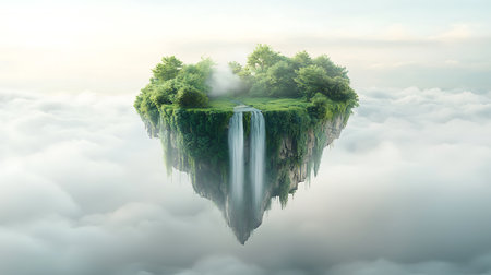 Fantasy landscape with a waterfall in the clouds. 3d renderingの写真素材