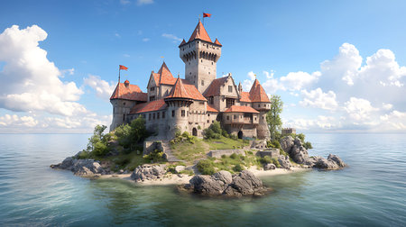 Fantasy castle on the island in the sea. 3d illustration
