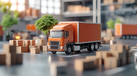 3d rendering of orange truck with cardboard boxes on the floor in warehouseの写真素材