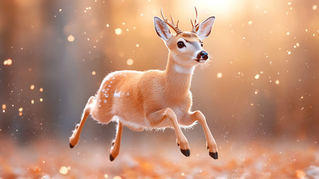 White-tailed deer jumping in the forest with falling snow. Side view.の写真素材