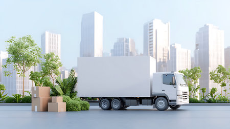 White truck with boxes on the city background. 3d rendering.の写真素材