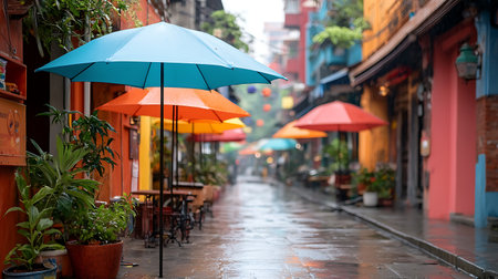 Colorful umbrellas on the streetsの写真素材