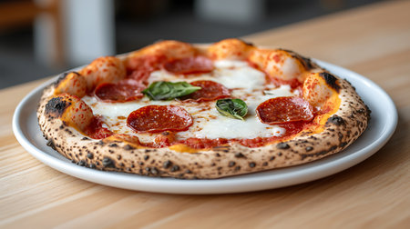 Pizza with salami and mozzarella cheese on a wooden tableの写真素材