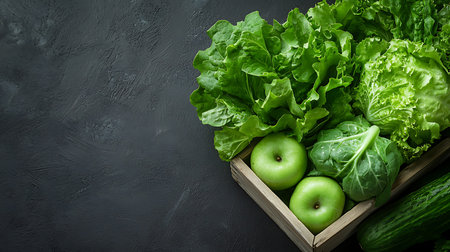 Fresh green vegetables in wooden box on black background. Top view with copy spaceの写真素材