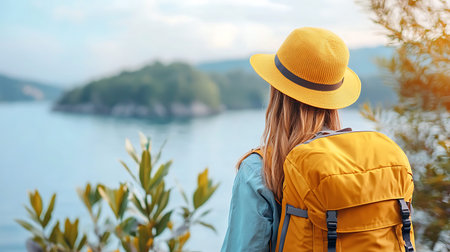 Back view of young woman in yellow hat and backpack looking at sea and mountains.の写真素材