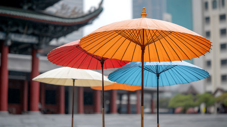 Colorful umbrellas in front of the Chinese temple in Hong Kongの写真素材