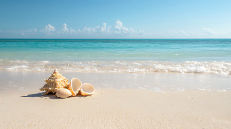 Seashells on the sandy beach with sea background