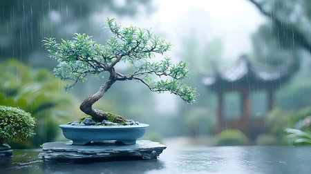 Bonsai tree in a pot with raindrops on the backgroundの写真素材