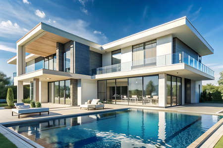 3d rendering of modern cozy house with pool and parking for sale or rentの写真素材