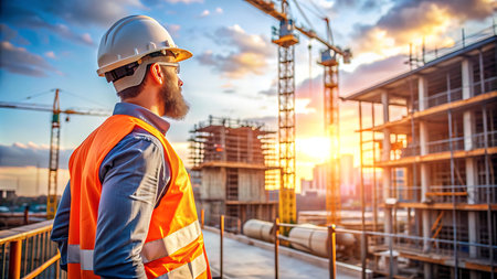 Architect or engineer working on construction site at sunset or sunrise.