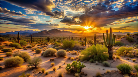 Sunset over Saguaro National Park, Tucson, Arizona, USAの写真素材