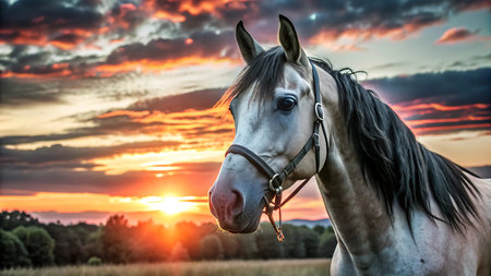 Beautiful white horse in the field at sunset. Horse portrait.の写真素材