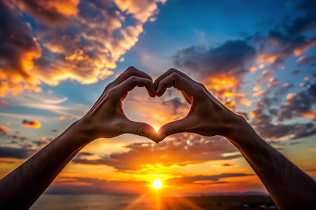 Heart shape made of hands on sunset sky background. Love concept.