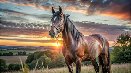 Horse in the field at sunset, beautiful landscape with a horseの写真素材