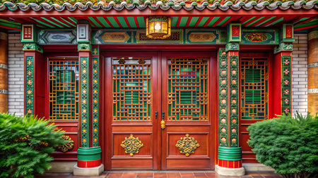 Chinese traditional wooden door at the entrance to a Chinese temple in Shanghaiの写真素材