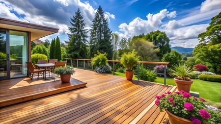 Luxury terrace with view on the garden. Nobody inside