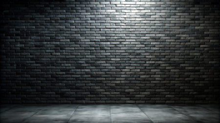 Black brick wall and floor with spotlights. 3D Renderingの写真素材
