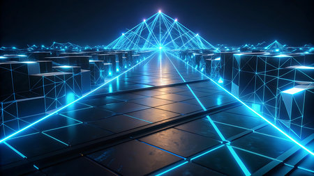 abstract 3d illustration of futuristic city with neon lights on the groundの写真素材