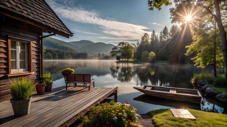 Wooden house on the bank of a lake in the morning.の写真素材