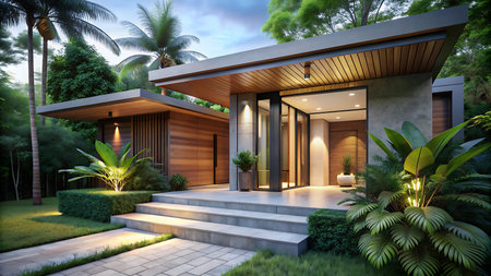 3d rendering of modern cozy house in the garden with garage.の写真素材