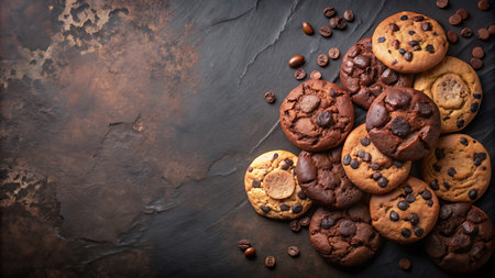 Chocolate chip cookies with coffee beans on dark background. Top view with copy spaceの写真素材